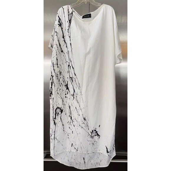 Ozai N Ku dress 82-8056 Viscose Linen One Size Pullover Ivory Paint Splatter - Picture 2 of 11
